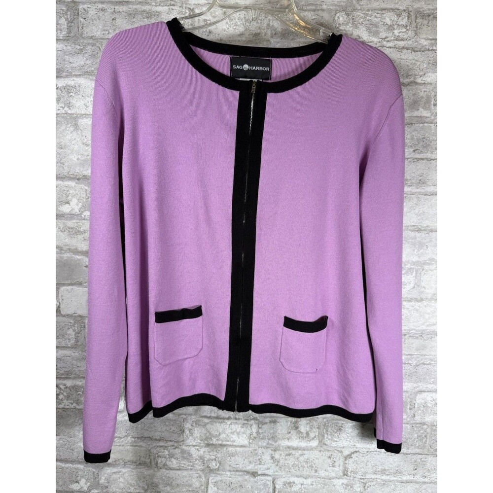 SAG HARBOR Women's L Lavender Zip Front Cardigan Sweater Black Trim Pockets VTG